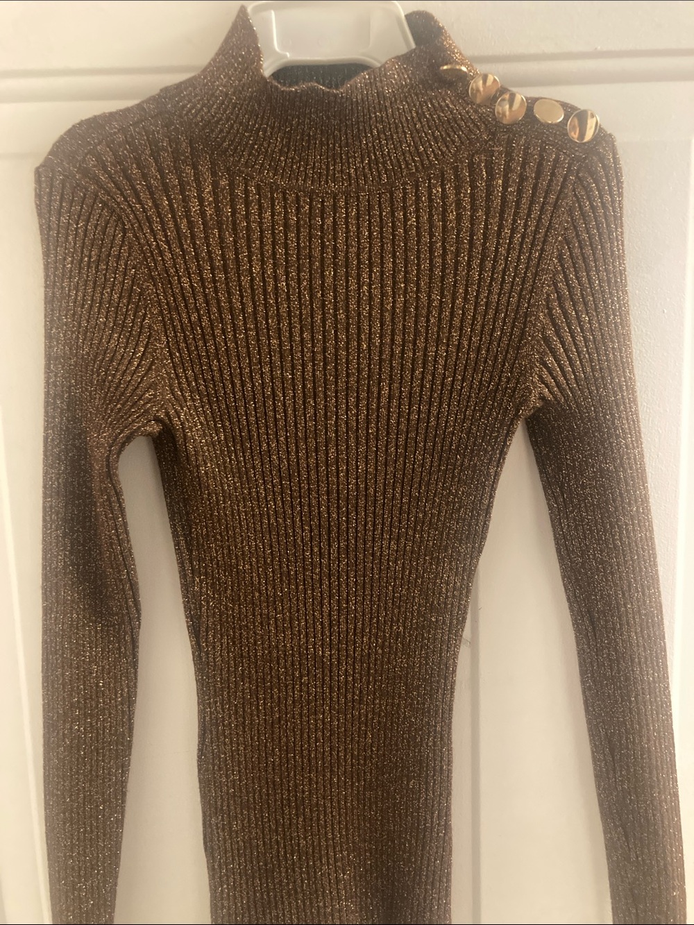 INC Ribbed Metallic Brown Mock Neck Sweater with Shoulder Button Detail Size S